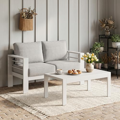 Aluminum Patio Furniture Set for All Weather (Light Grey / Loveseat+Wood Top Table)