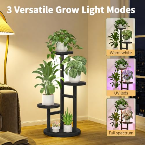 Wood Small Plant Stand Table Indoor Tall with Lights (Black with Light / 3 Tier)
