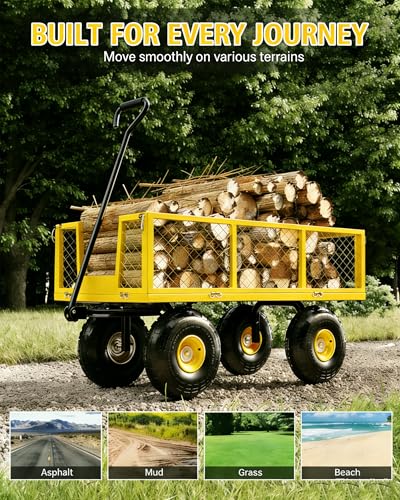 Heavy Duty Steel Garden Cart 500 LBS Capacity 3 in 1 Pullable Garden Wagon with 10 in Wheels for Gardening Soil (Yellow / 500 lbs)