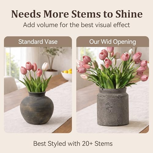 Ceramic Flower Vase 7.5 inch Farmhouse Rustic Vase for Home Decor Handcrafted Pottery Terracotta Vases for Dining Table Decor Fireplace Living Room Bathroom Wedding Centerpiece (01-m-dark Gray)