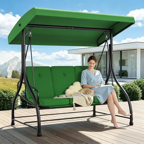3 Seat Patio Porch Swing with Adjustable Canopy and Stand (Green / without cup holder)
