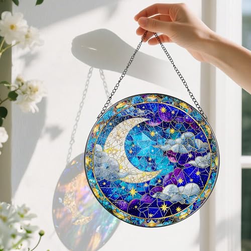 8 Inch Moon and Star Stained Glass Ornament (Night Sky)