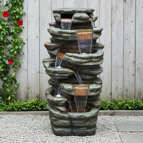 48" High 7 Tiers Cascading Rock Outdoor Water Fountain with LED Lights (48inch / Gray_6)