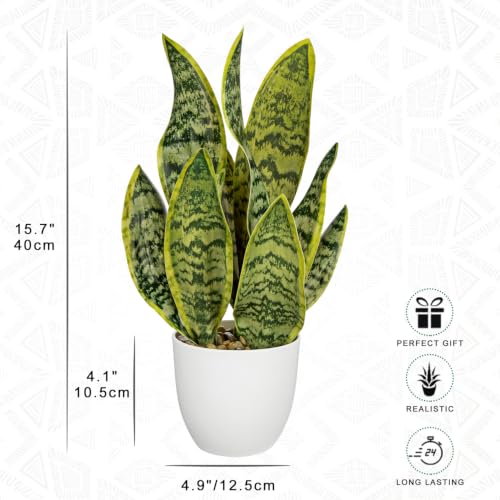 16" Artificial Snake Plant Potted Faux Sansevieria Plants Decor (Green-16" Style 2)