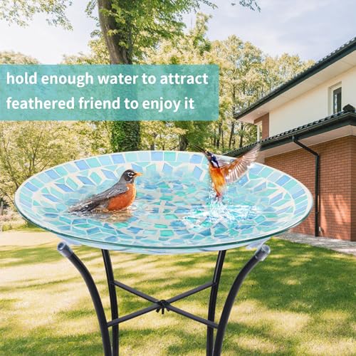 Mosaic Glass Bird Baths with Metal Stand for Garden Birdfeeder Decor (Green)