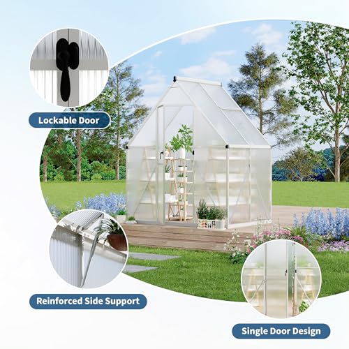 6X4FT Polycarbonate Greenhouse with Aluminum Frame (Silver / 6x4FT)