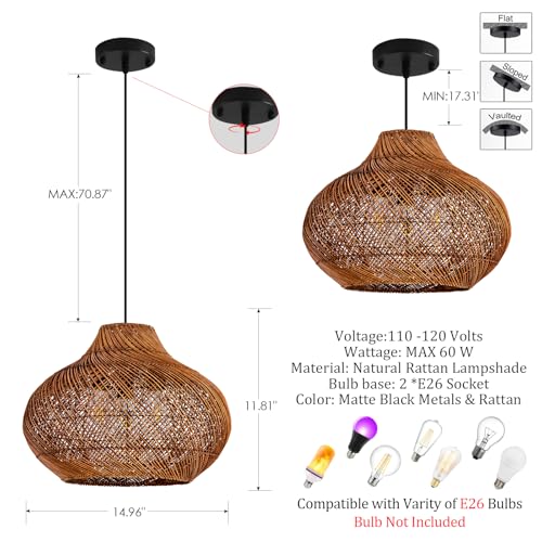 15" Rattan Pendant Light (Metal+Brown / 14.96" 2-Light)