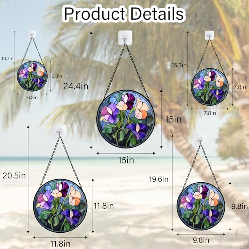 Purple Pink Flower Leaves Stained Glass Window Hanging Suncatcher Gift 6.3" (Multiple Colors / 6.3x6.3 IN)