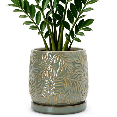 Embossed Leaves Ceramic Planter (6 Inch / Olive)