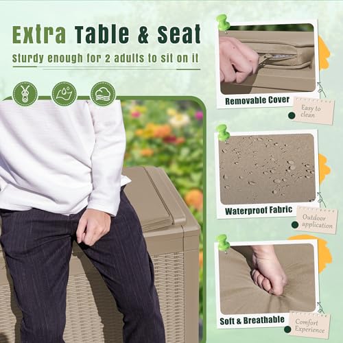100 Gallon Resin Deck Box Large Outdoor Storage with Cushions for Patio Furniture (Light Coffee / 100 Gallon with Cushion)