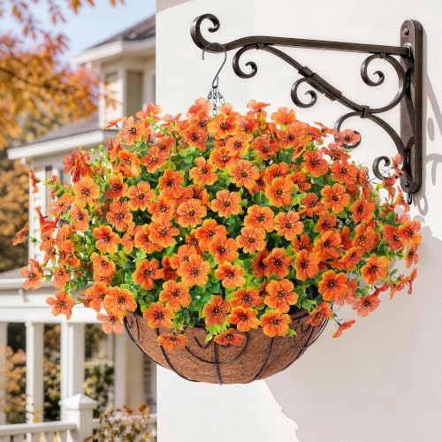 Artificial Fake Fall Hanging Plants Flowers Basket for Outdoor Decor (Orange)