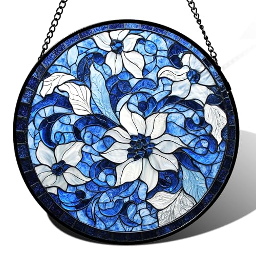 Blue White Flower Stained Glass Window Hanging Suncatcher Gift for Mom 15"