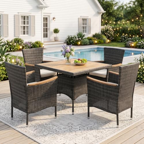 Rattan Patio Table and Chairs Set with Acacia Wood Tabletop (Grey-beige / 5-Pieces)