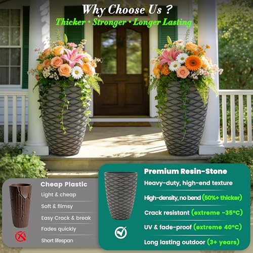 2 Pack 19" Rustic Black Resin Tall Planters with Wave Texture (19"h-rustic Black Wavy)