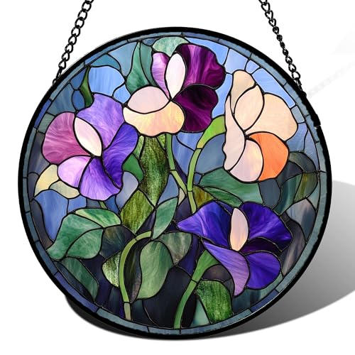 Purple Pink Flower Leaves Stained Glass Window Hanging Suncatcher Gift 6.3" (Multiple Colors / 6.3x6.3 IN)