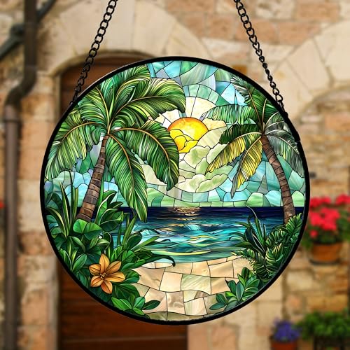Palm Sunrise Green Ocean Stained Glass Window Hanging Suncatcher Gifts 6.3"