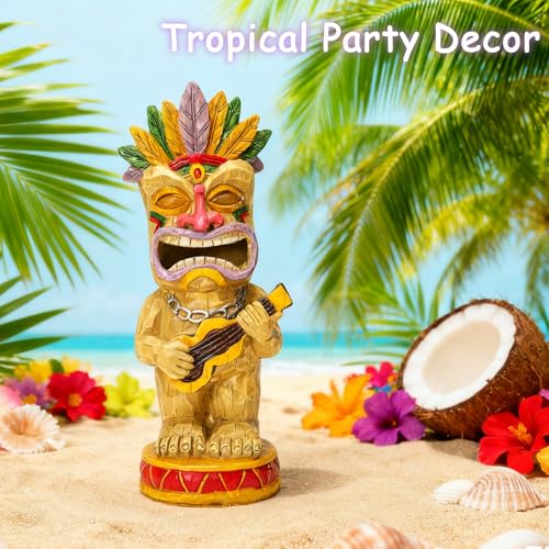 Solar Tiki Garden Statue with LED Eyes Outdoor Resin Ukulele Player Yard Decor Solar Light Hawaiian Style Lawn Ornament for Patio Porch Tiki Bar Decor Best Gift for Tiki Lovers (Ukulele Tiki Statue)