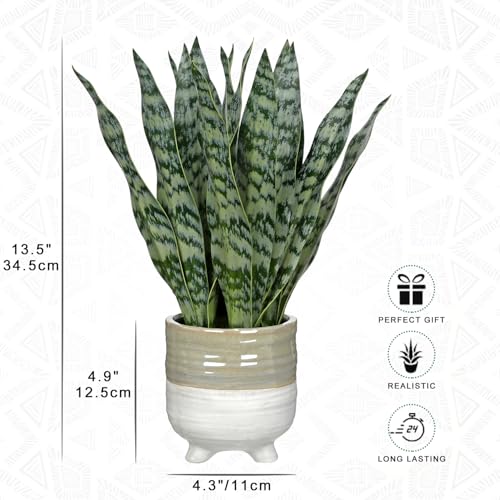 Fake Snake Plant 13.5 Inch Large Artificial Snake Plant Potted with Ceramic Pot Faux Sansevieria Plant for Home Office Room Indoor Decor Housewarming Gifts (Green-large Pot)