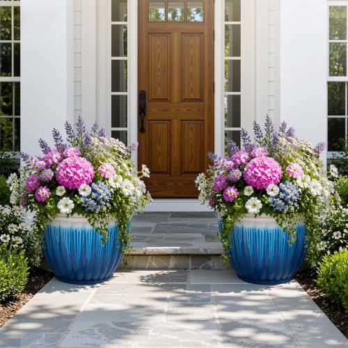 15" Large Planters for Outdoor Plants Set of 2 Plastic Flower Pots (15"-gradient Blue & White)