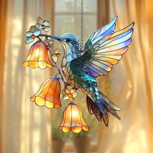 Hummingbird Flower Acrylic Suncatcher Bird Window Hanging Gift for Hummingbird Lover Garden Decor Plant Mom Gift for Mom Grandma (1-fba-ctm-evg-d964-g.2 / 6")