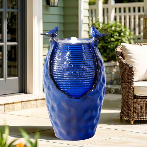 23.5" H Ceramic Jar Outdoor Fountain (Blue Glazepot Cobalt 23.5"h-honeycomb)