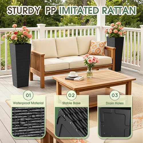 32 Inch Tall Plastic Planters with Rattan Texture (32" without Tray / Black)