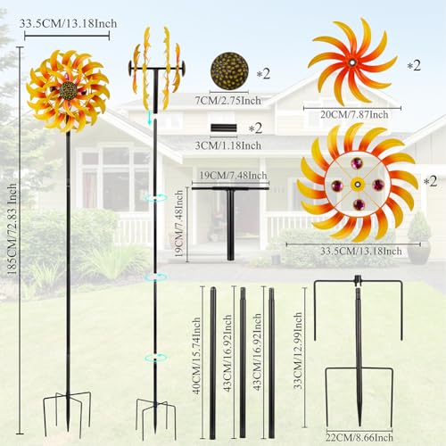 13Inch Metal Sunflower Wind Spinner Outdoor Decor with Stake (Yellow2)