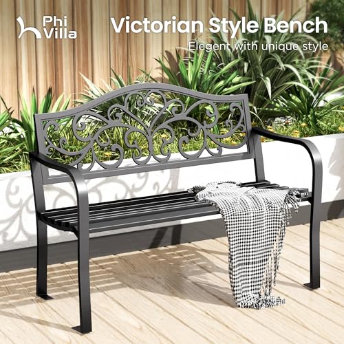 43 Inches Cast Iron Steel Frame Outdoor Garden Bench (Black-floral Back)