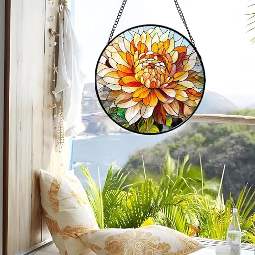 Orange White Flower Stained Glass Window Hanging Suncatcher Gifts 6.3" (Multiple Colors / 6.3x6.3 IN)