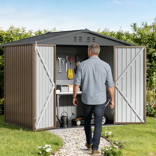 Shed Storage Outdoor Metal Windowed Lockable Weatherproof Ventilated Backyard Garden Utility Workshop (Brown / 8'*6')