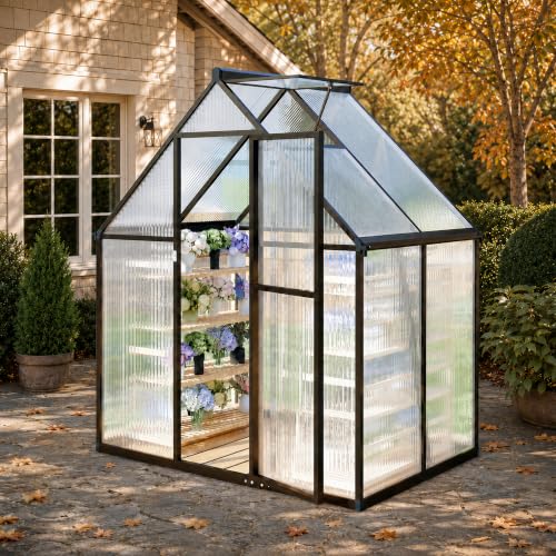 6x4FT Greenhouse with Polycarbonate Panels Vent (Charcoal Black / 6×4FT)