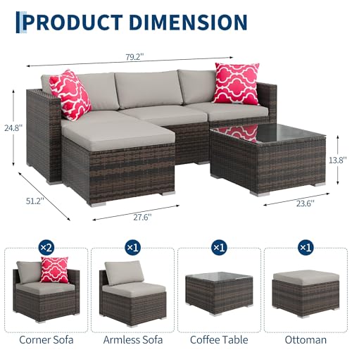 5-Piece All-Weather Patio Furniture Set, Convertible Outdoor Sectional Sofa with Ottoman & Tempered Glass Table, PE Rattan Conversation Set for Garden, Backyard, Porch, Poolside (Brown/Grey / 5 Pieces)