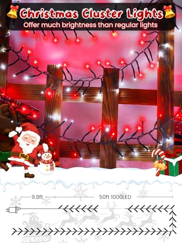 Christmas Cluster Lights 50FT 1000 LED String Lights with Remote Red White (Red and White / 1000LED)