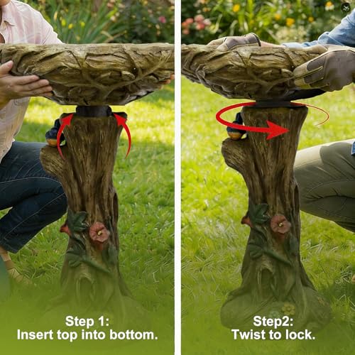 25.5” H Fibre Reinforced Concrete Bird Bath with Birds for Garden (wooden with bird)