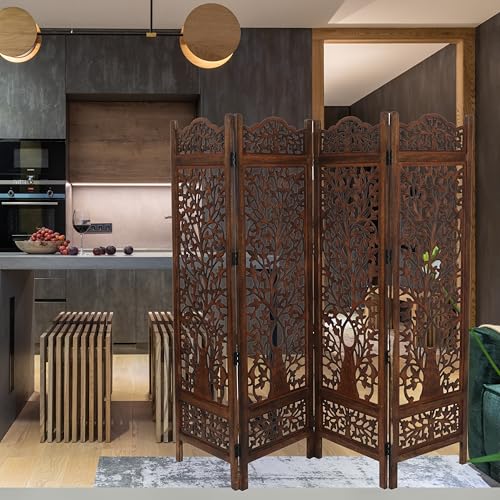 Room Divider Wooden Foldable Hand Carved Screens Panel_80" Wx72 H_4Panel (Burnt / 80"W x 72"H - Tree)