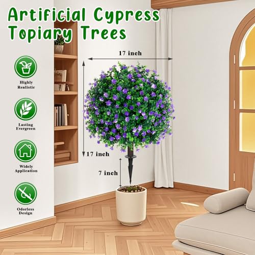2 Pack Artificial Boxwood Topiary Tree with Flower for Outdoor (Purple Flower)