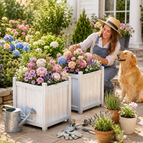2 Pack 16" White Fir Wood Square Planter Boxes with Drainage Holes (Square Planter Boxes-whitewashed Color)