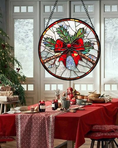 Christmas Pine Bow Stained Glass Window Hanging Suncatcher Gifts Decor 9.8" (Red and Green / 9.8x9.8 IN)