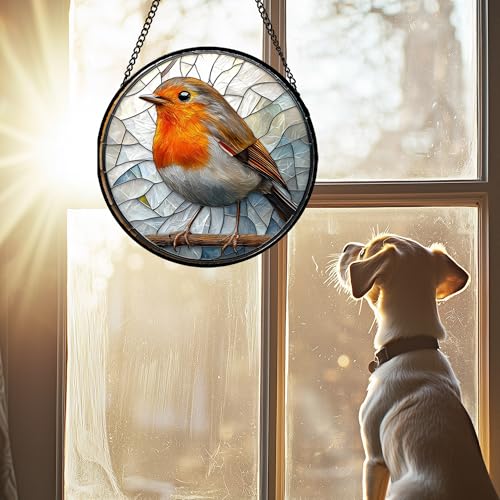 Brown Robin Stained Glass Window Hanging Suncatcher Gifts for Women 6.3" (Orange-white / 6.3x6.3 IN)