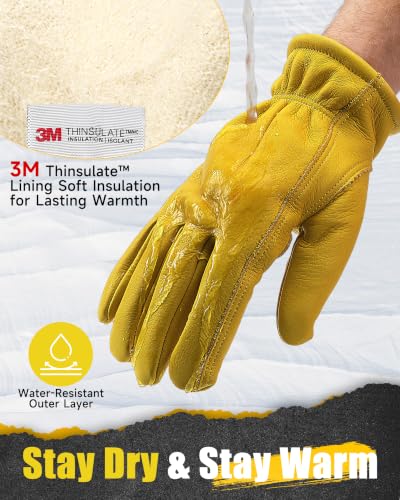 Water Repellent Cowhide Leather Winter Work Gloves for Men Gold S (Golden - Thermal / Small)