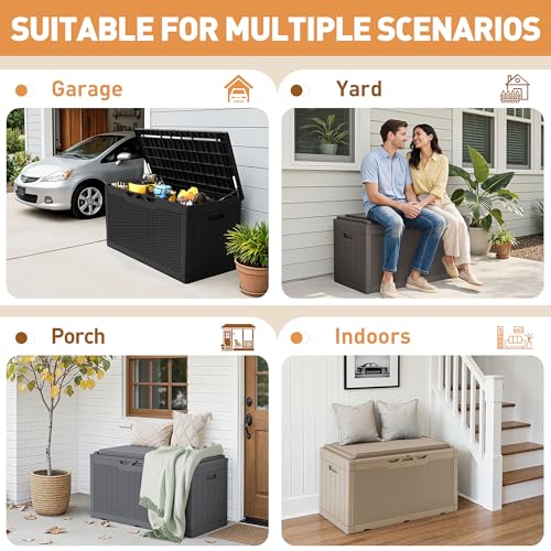 100 Gallon Resin Deck Box Large Outdoor Storage Boxes with Cushions for Garden Tools (Gray / 100 Gallon)