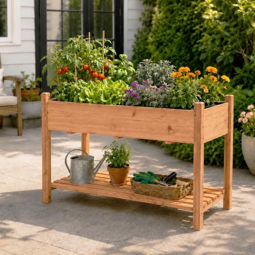 Raised Garden Beds Outdoor with Storage Shelf Fir Wood Planter Raised Beds (Brown / W49.5X D23.5X H30in)