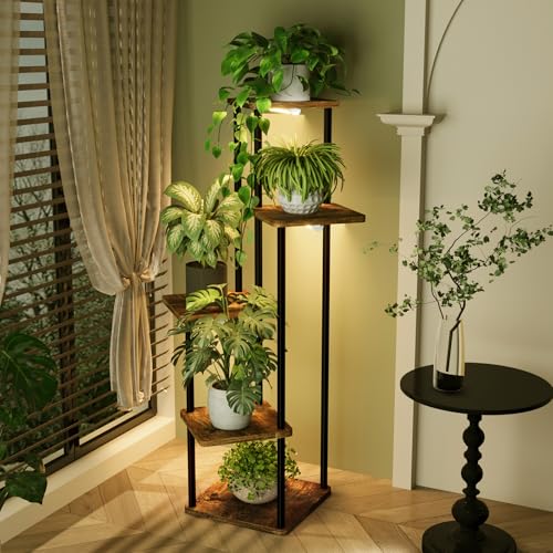 Tall Plant Stand Indoor with Grow Light Corner Plant Shelf (Brown Oak pro / 5 Tier)