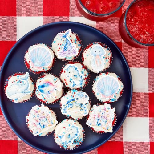 60Pcs Edible Under The Sea Cupcake Topper Edible Starfish Octopus Crab Jellyfish Dolphin Starfish Seahorse Cupcake Picks for Under the Sea Baby Shower Boys Girls Birthday Party Decorations (Red Blue Purple)