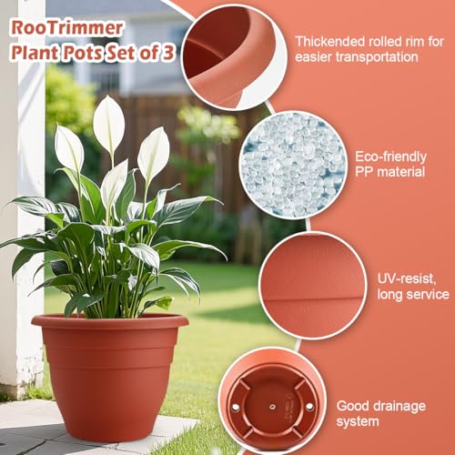 3 Pack 16 Inch Large Outdoor Plastic Plant Pots with Drainage Holes (Pottery Red / 16 inch)