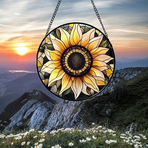 Retro Sunflower Stained Glass Window Hanging Suncatcher Gifts for Mom 6.3" (Yellow / 6.3x6.3 IN)
