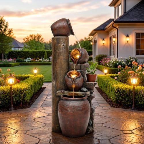 AUTODAYA 40" Overszied Outdoor Water Fountain LED Cascading Waterfall 4 (39.5"h Antique Terracotta)