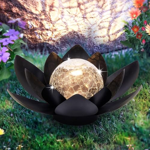 Solar Lights Outdoor Garden Decor Metal Black Lotus Decoration (All Black)