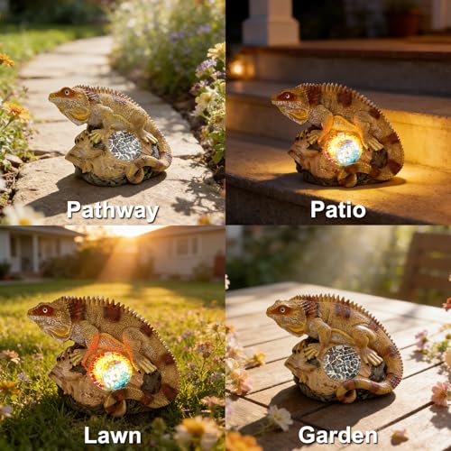 Solar Iguana Garden Statues Decor for Outdoor (Khaki Iguana)