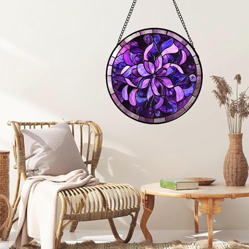 Purple Abstract Flower Stained Glass Window Hanging Suncatcher Gifts 6.3" (Dark Purple / 6.3x6.3 IN)